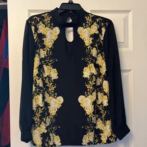 New York & Company Black Blouse with Yellow Floral Scrolls